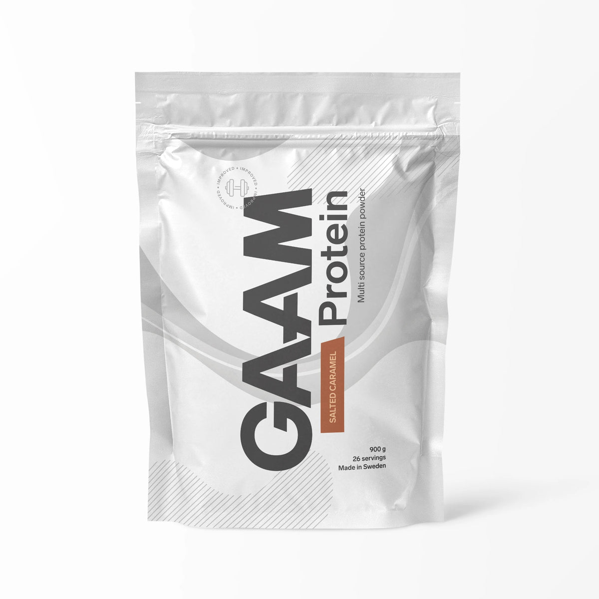 GAAM Protein 900 g proteinpulver i en vit påse med bruna detaljer för smaken Salted Caramel., bild 4 av 6