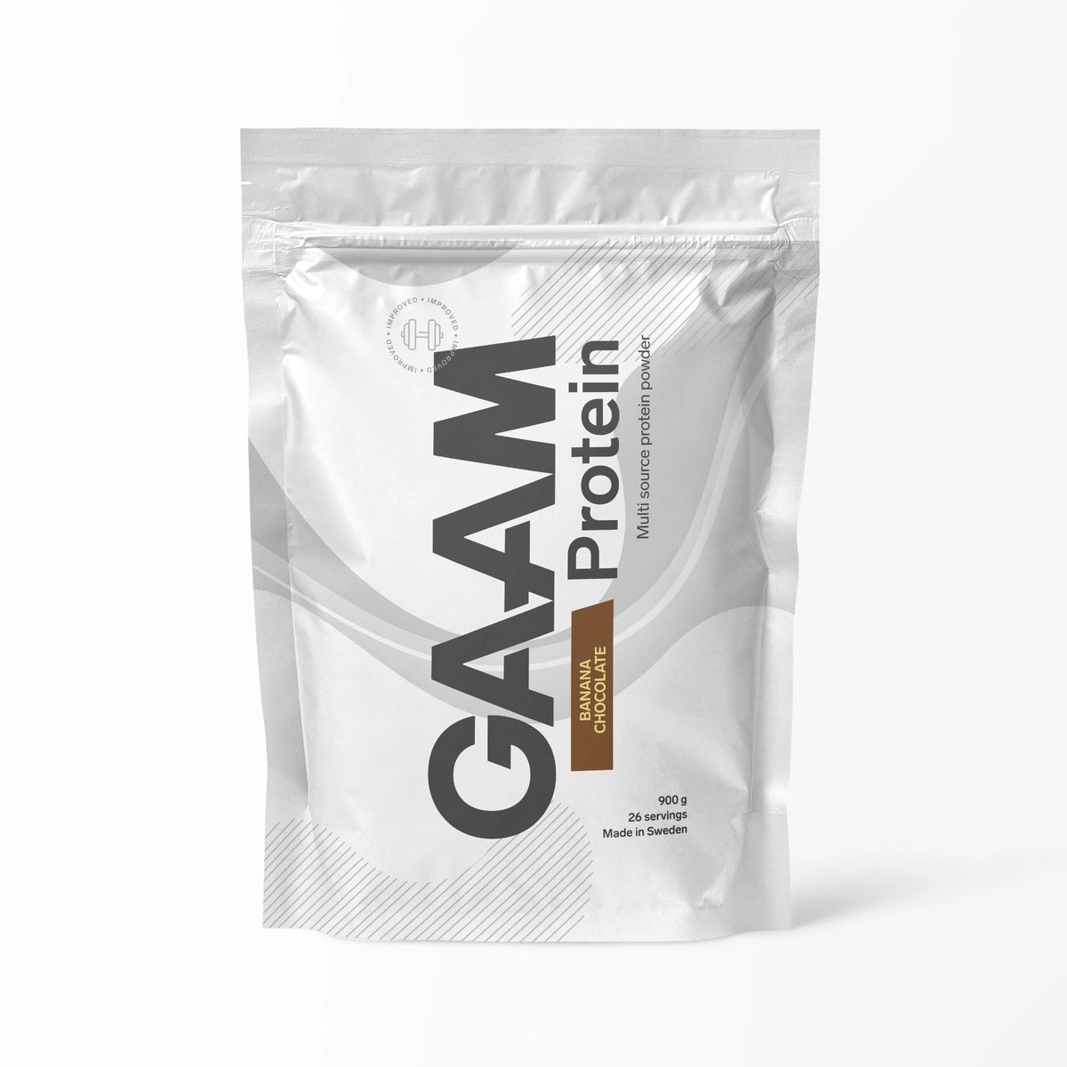 GAAM Protein 900 g proteinpulver i en vit påse med bruna detaljer för smaken Banana Chocolate., bild 5 av 6