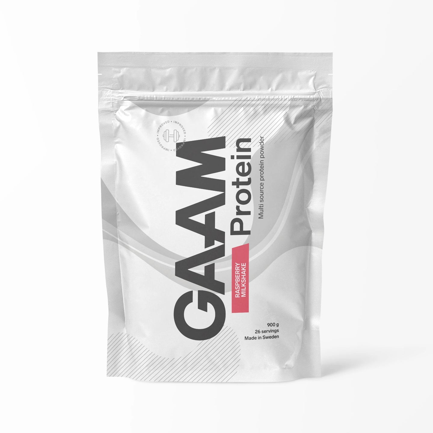 GAAM Protein 900 g proteinpulver i en vit påse med rosa detaljer för smaken Raspberry Milkshake., bild 6 av 6