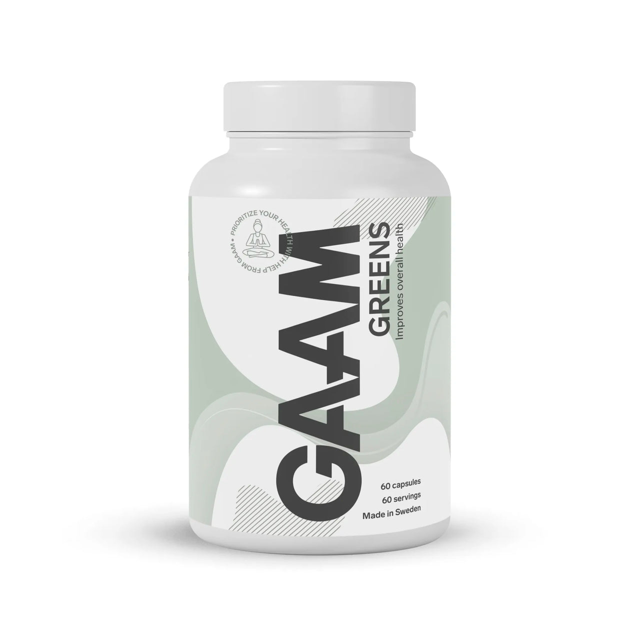 GAAM Greens 60 Caps greens-blandning förpackad i en stilren vit plastburk med ljusgröna detaljer.
