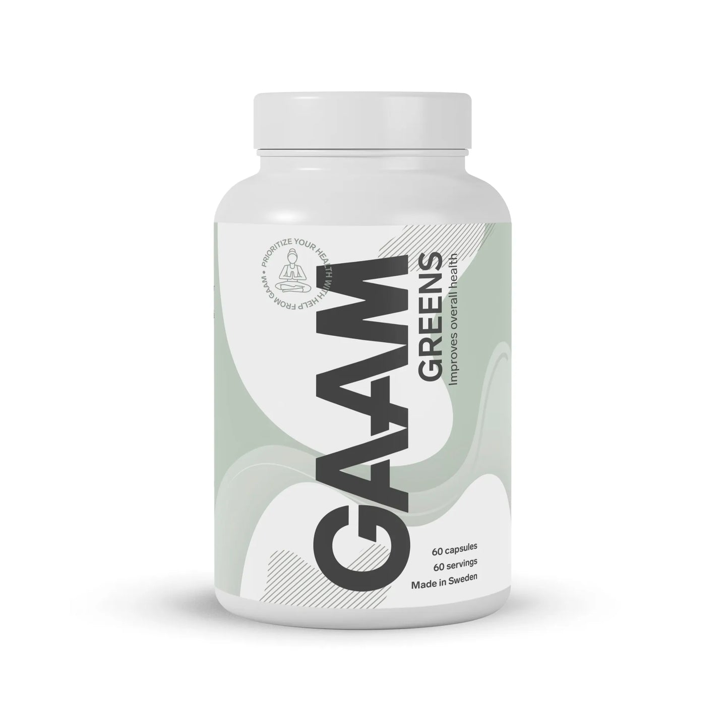 GAAM Greens 60 Caps greens-blandning förpackad i en stilren vit plastburk med ljusgröna detaljer.