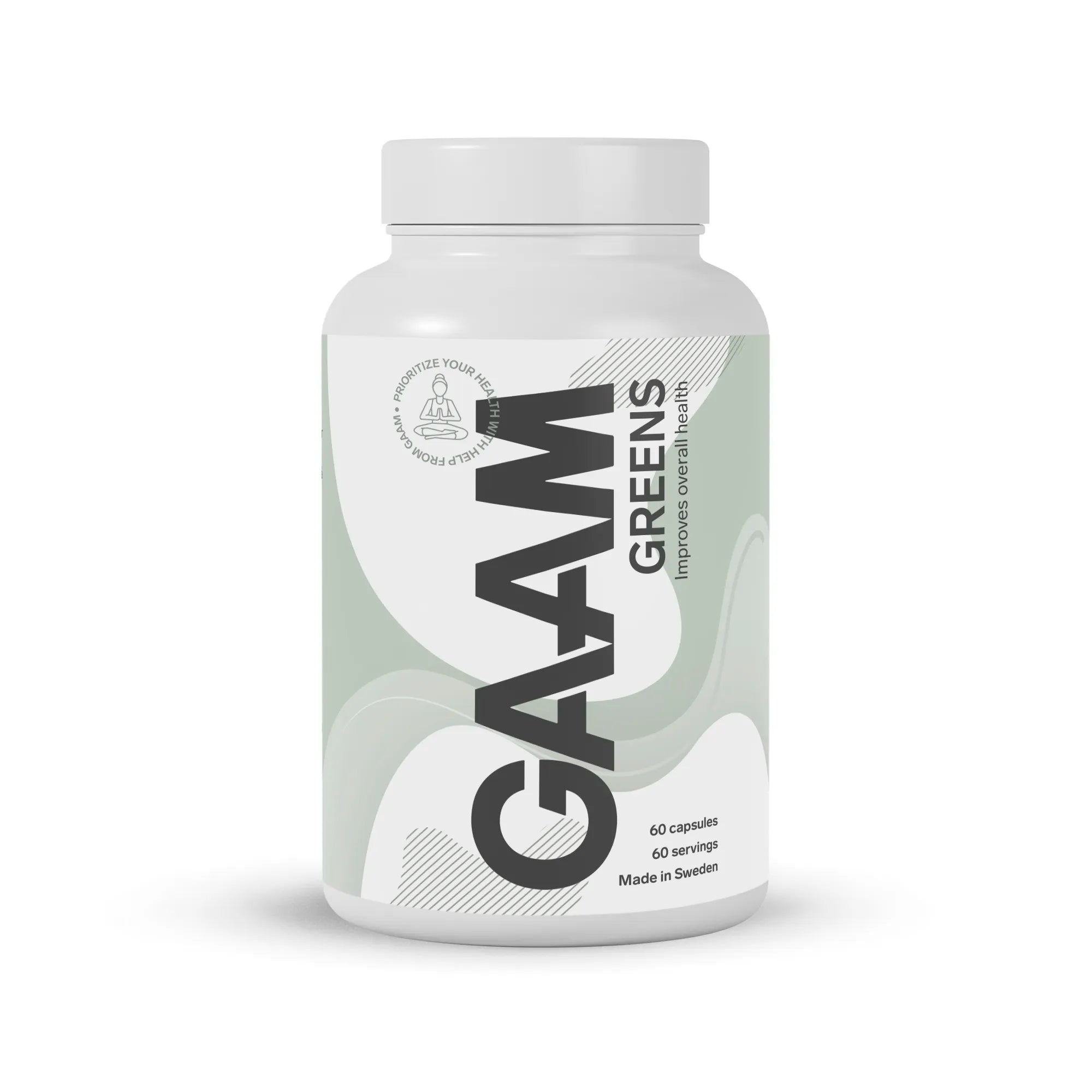 GAAM Greens 60 Caps greens-blandning förpackad i en stilren vit plastburk med ljusgröna detaljer.