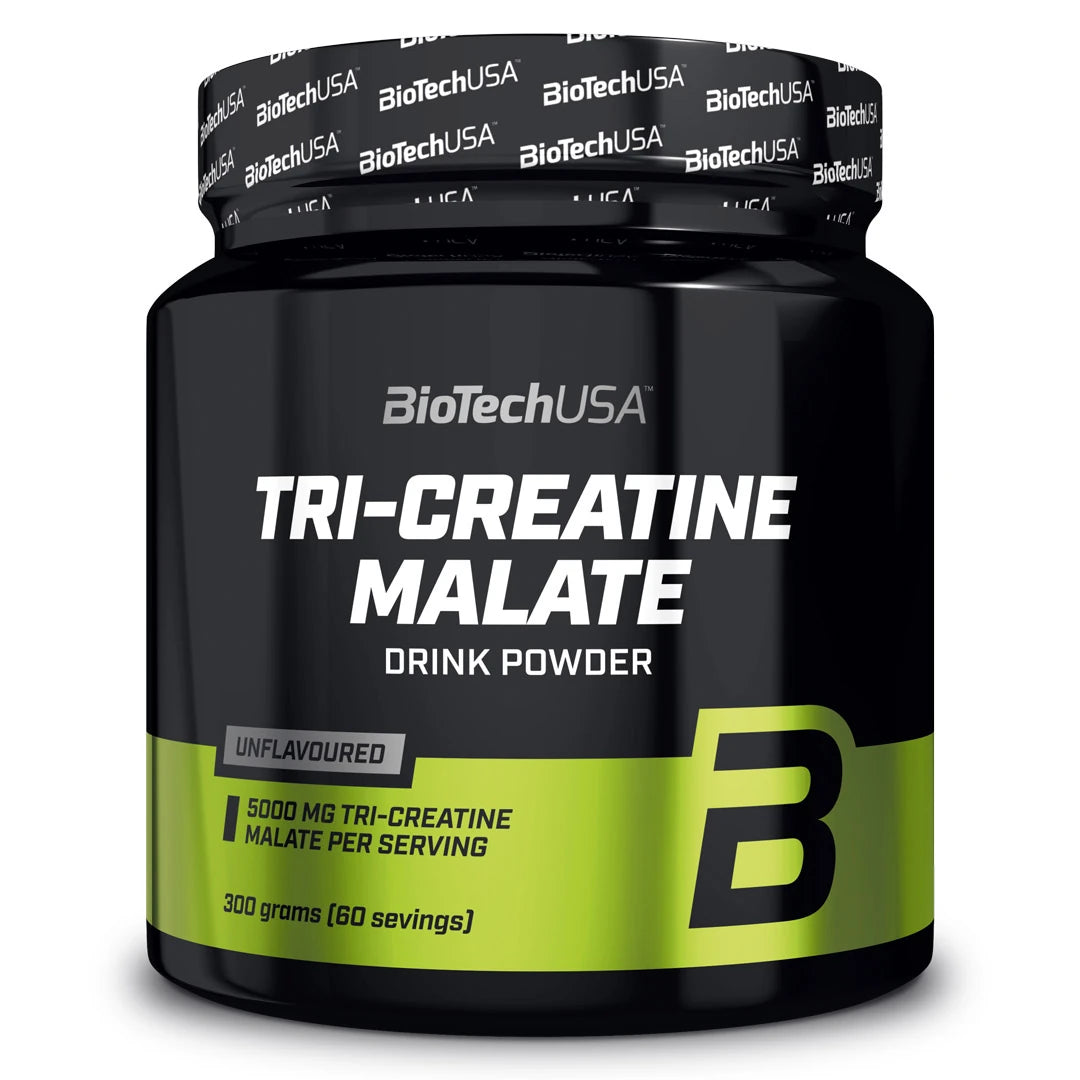 BioTechUSA Tri-Creatine Malate 300 g naturellt kreatinpulver i en svart burk med limegröna detaljer.