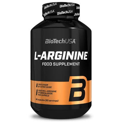 BioTechUSA L-Arginin 90 caps kosttillskott i en svart burk med svarta och orangea detaljer.