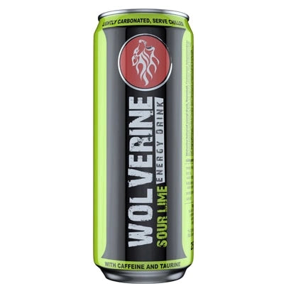 Wolverine Energy Drink 250 ml energidryck i en svart och limegrön burk för smaken Sour Lime.