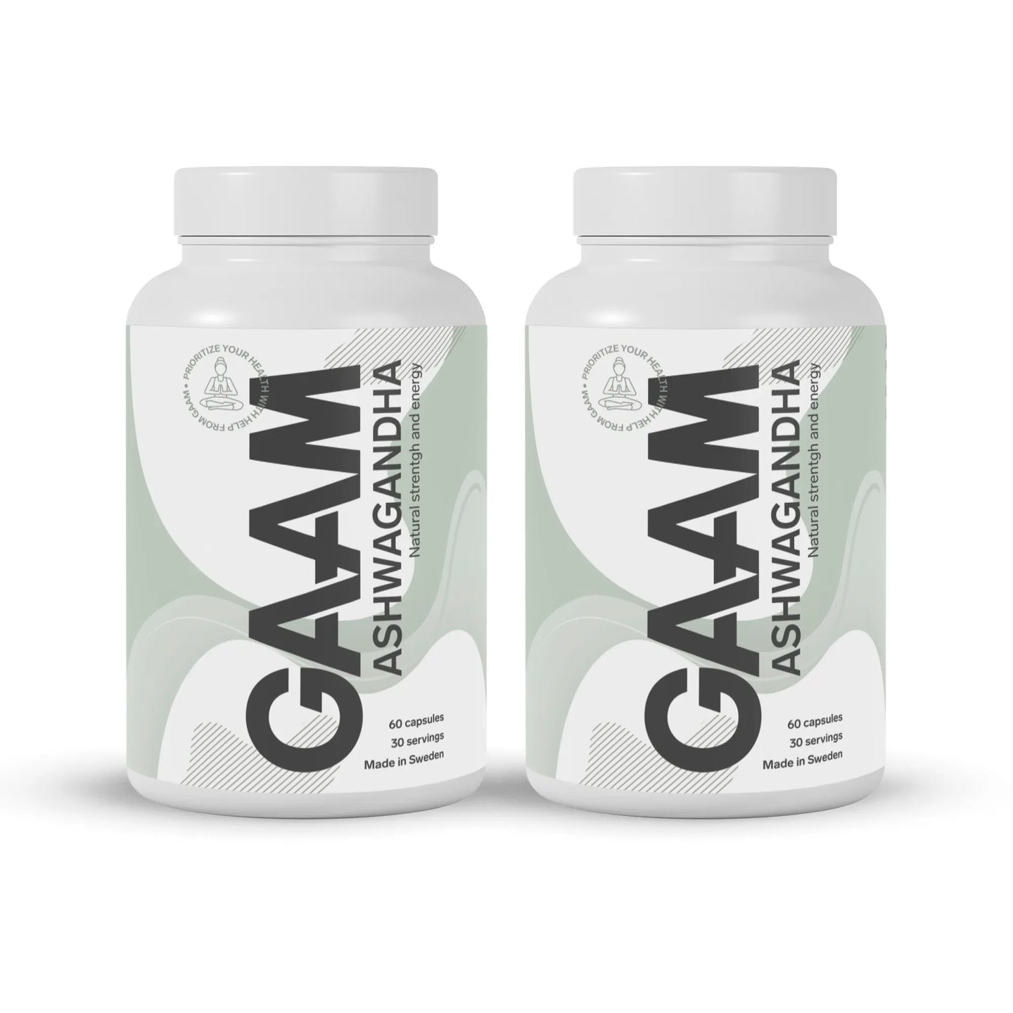 2 x GAAM Ashwagandha 60 caps kosttillskott i två vita burkar med grå och svarta detaljer.