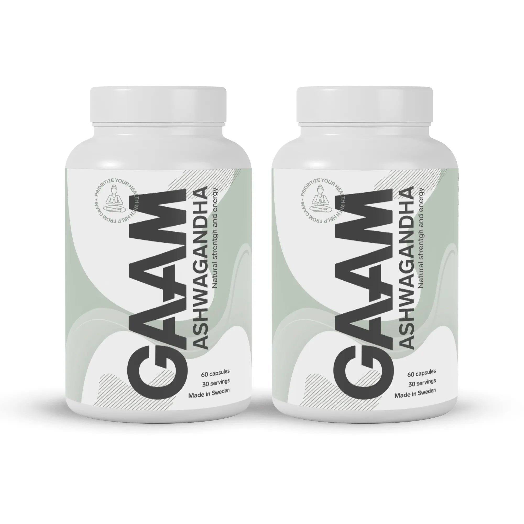 2 x GAAM Ashwagandha 60 caps kosttillskott i två vita burkar med grå och svarta detaljer.