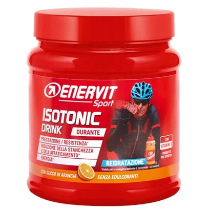 Enervit Isotonic Drink 420 g sportdryckspulver i en röd burk för smaken apelsin.
