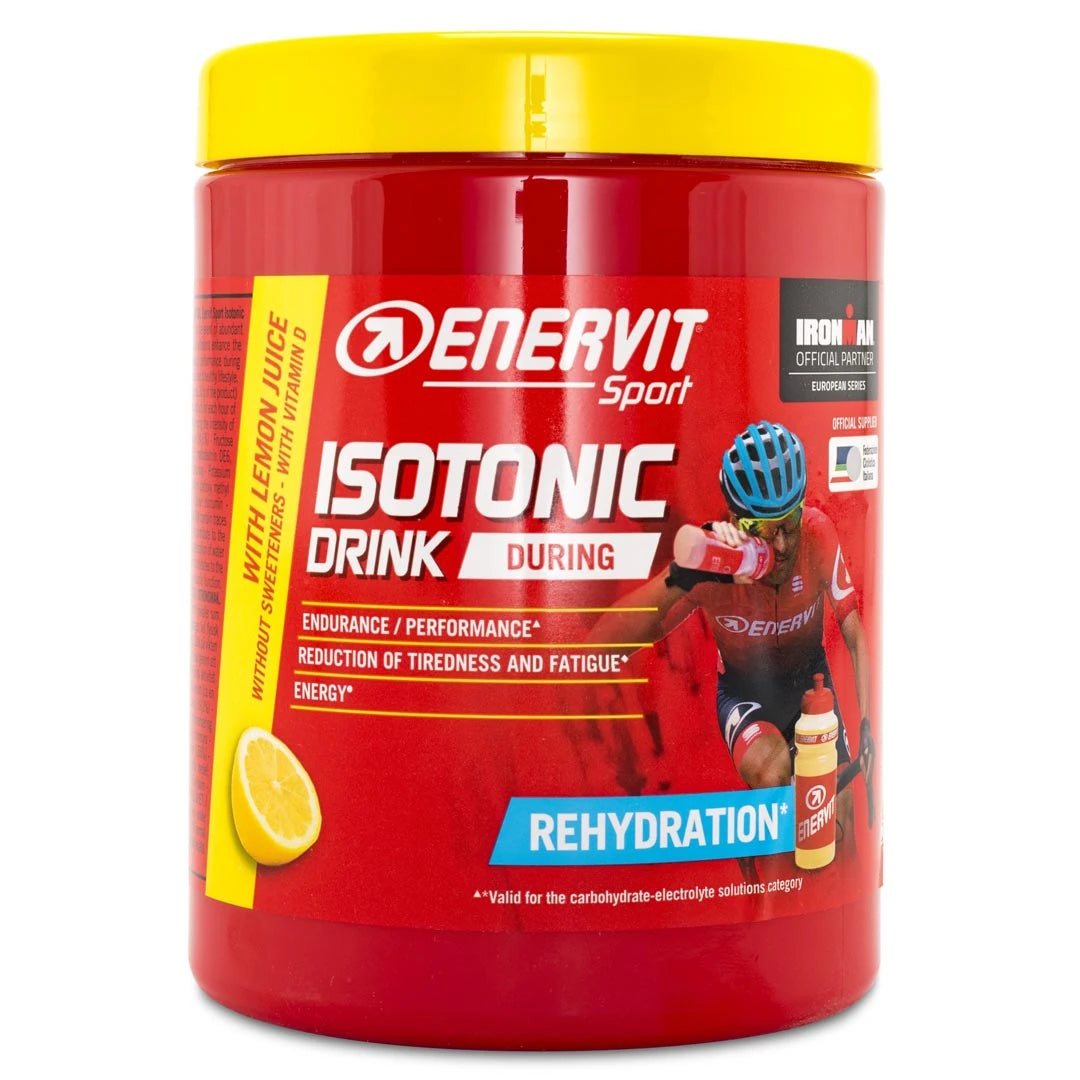 Enervit Isotonic Drink 420 g sportdryckspulver i en röd burk med gult lock för smaken citron.