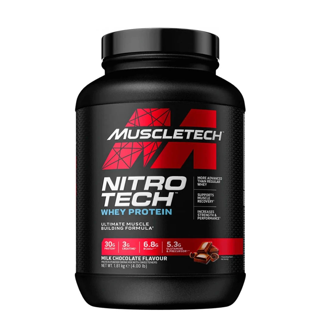 MuscleTech Performance Series Nitro-Tech 1.8 kg proteinpulver i en svart burk med röda detaljer och smaken Milk Chocolate.