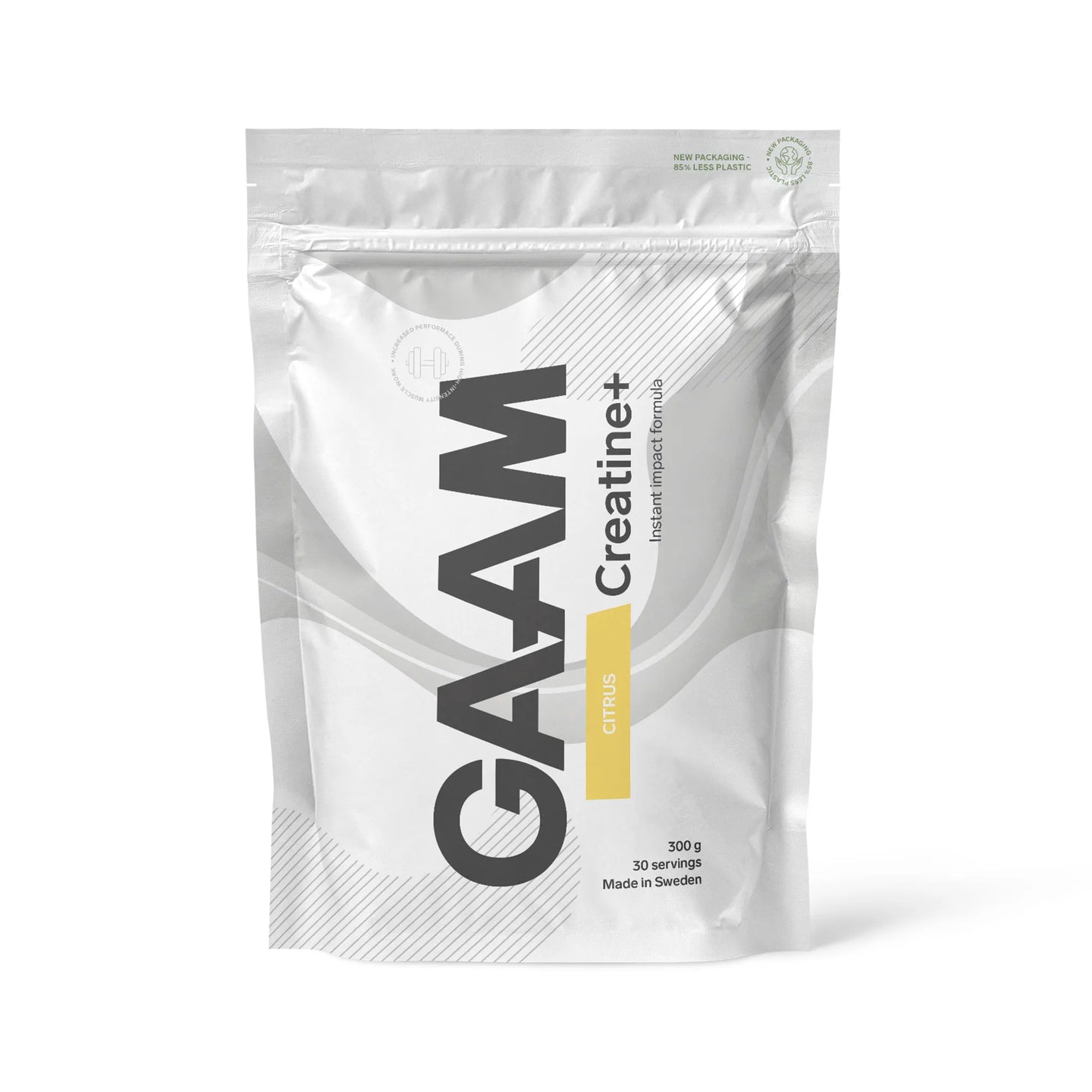 GAAM Creatine+ Kreatin 300 g i vit påse med gult fält för smaken Citrus.