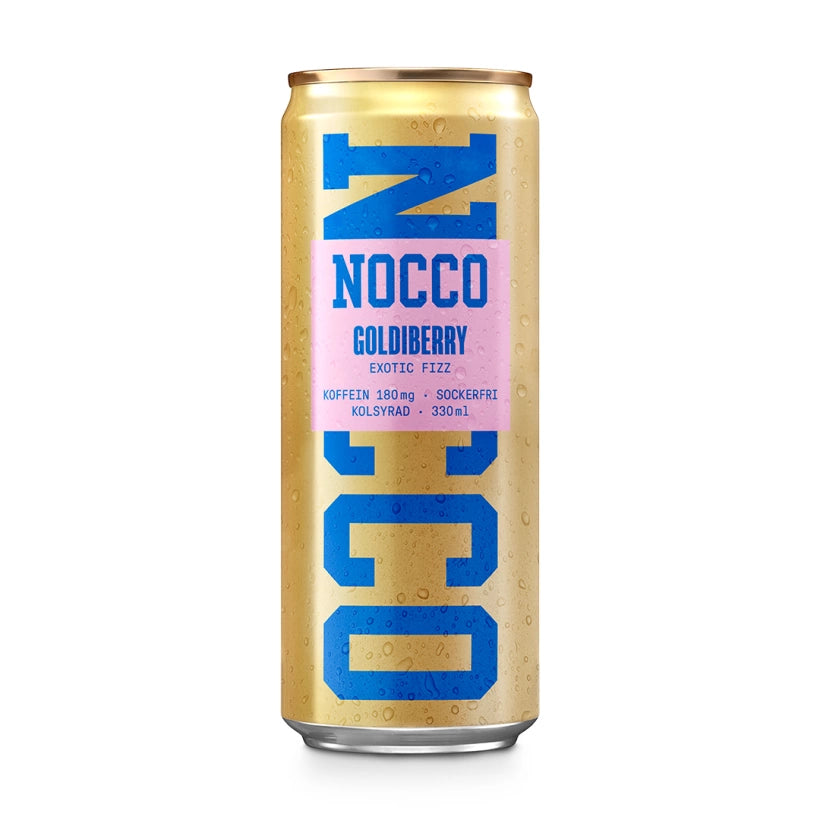 NOCCO BCAA 330 ml energidryck i en guldig burk med blå och rosa detaljer för smaken Goldiberry.