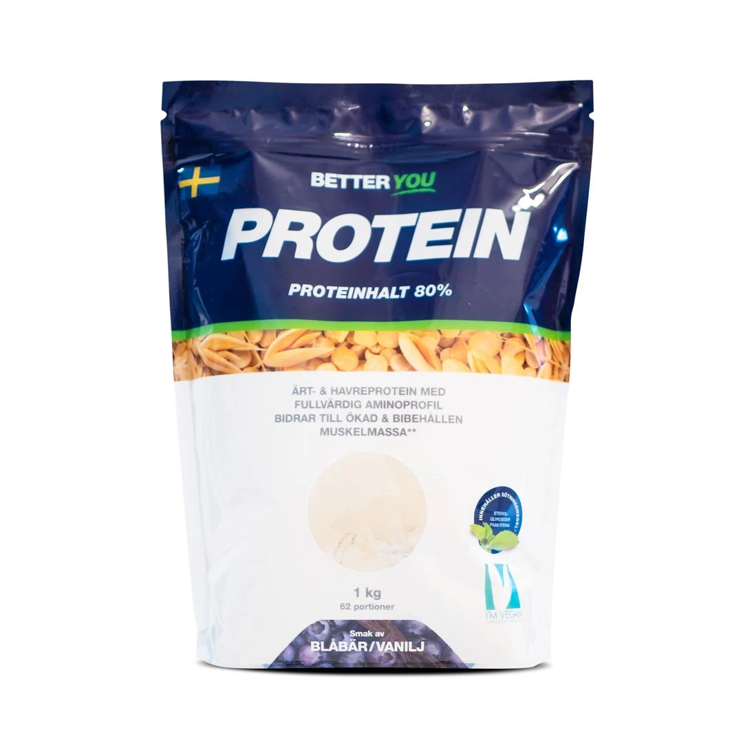 Better You Ärt & Havreprotein 1 kg veganskt proteinpulver, förpackad i en vit och mörkblå påse med smaken Blåbär Vanilj.