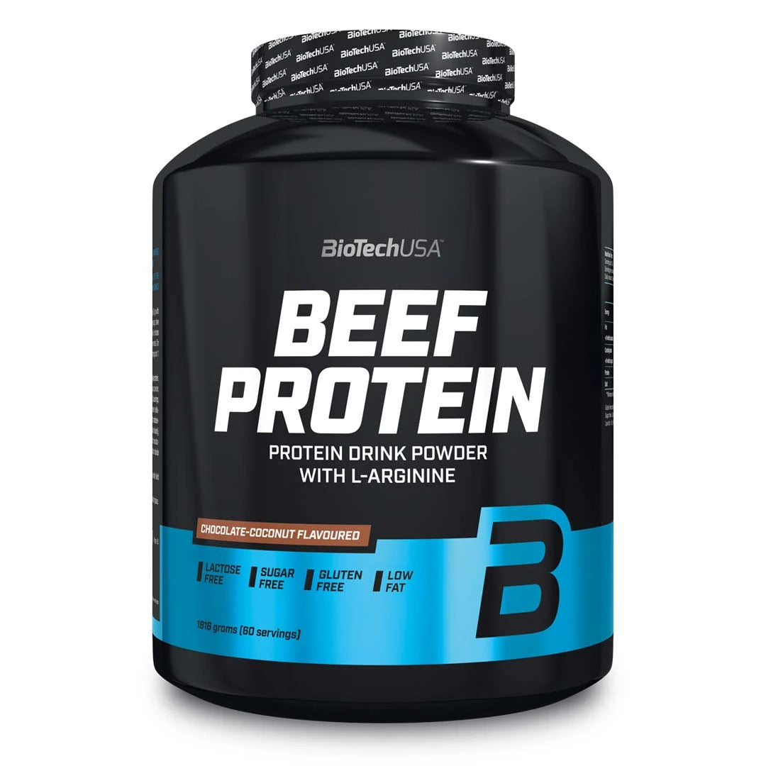 BioTechUSA Beef Protein 1.816 kg proteinpulver i en svart burk med blå detaljer och smaken Chocolate Coconut.