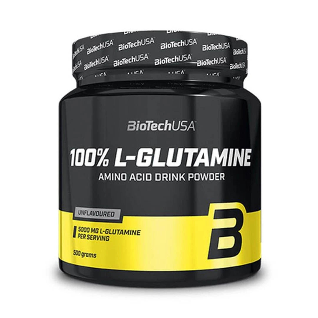 BioTechUSA 100% L-glutamine 500 g aminosyror i en svart burk med gula detaljer för smaken Unflavoured., bild 1 av 1