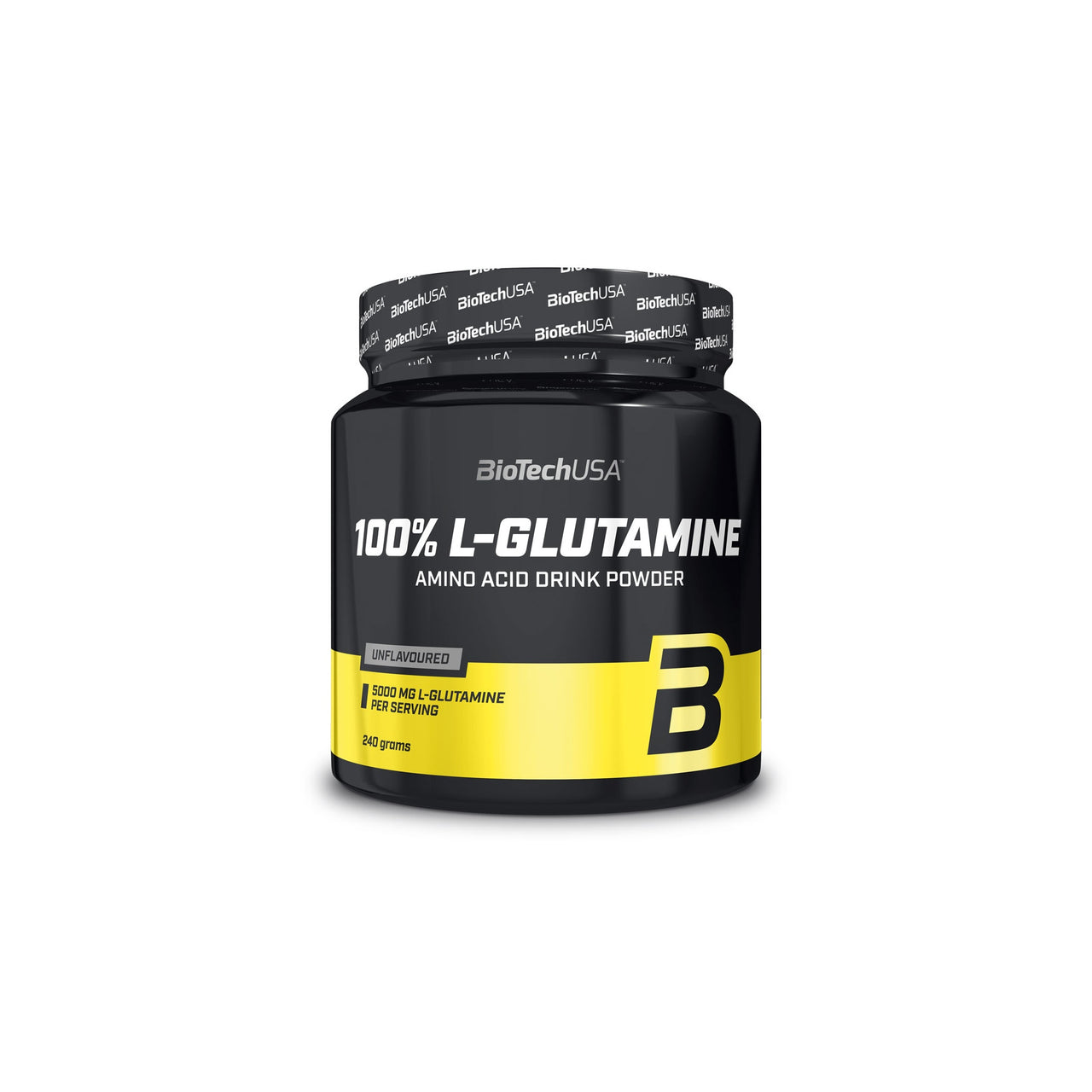 BioTechUSA 100% L-glutamine 240 g aminosyrapulver i en svart burk med gula detaljer, naturell smak.