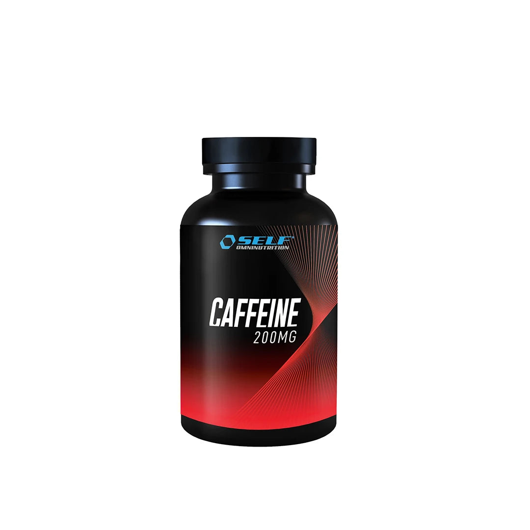 Self Omninutrition Caffeine 100 tabs i en svart burk med röda och vita detaljer på etiketten.
