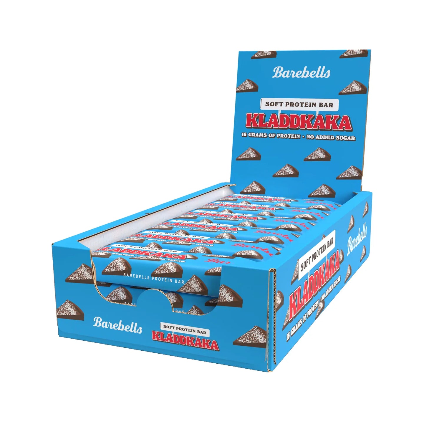 12 x Barebells Soft Protein Bar 45 g Kladdkaka i en blå displaykartong med motiv av kladdkakebitar., bild 1 av 1