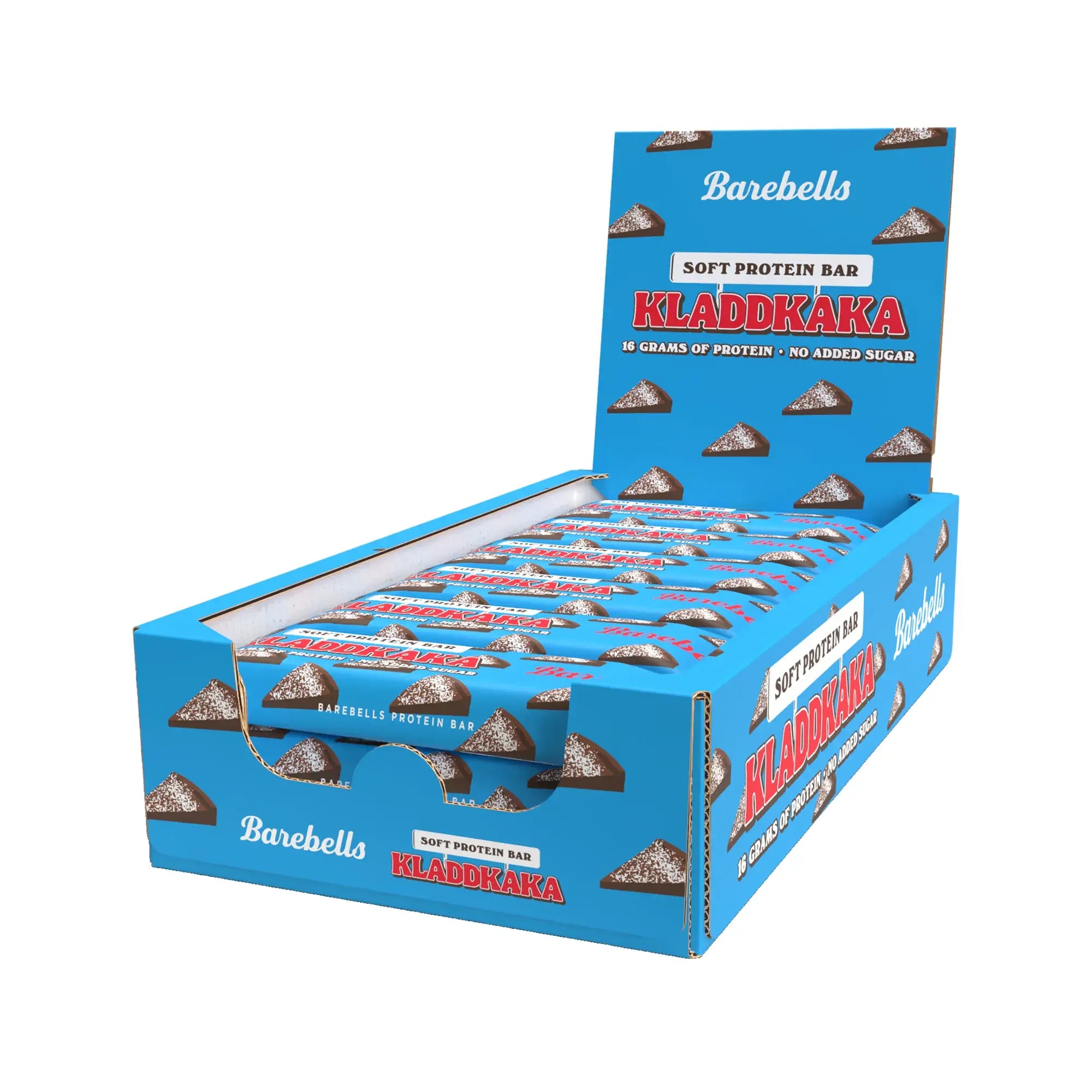 12 x Barebells Soft Protein Bar 45 g Kladdkaka i en blå displaykartong med motiv av kladdkakebitar., bild 1 av 1