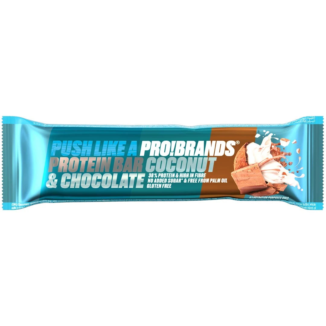 Pro Brands Proteinbar 45 g i en ljusblå och brun förpackning för smaken Coconut &amp; Chocolate., bild 3 av 5