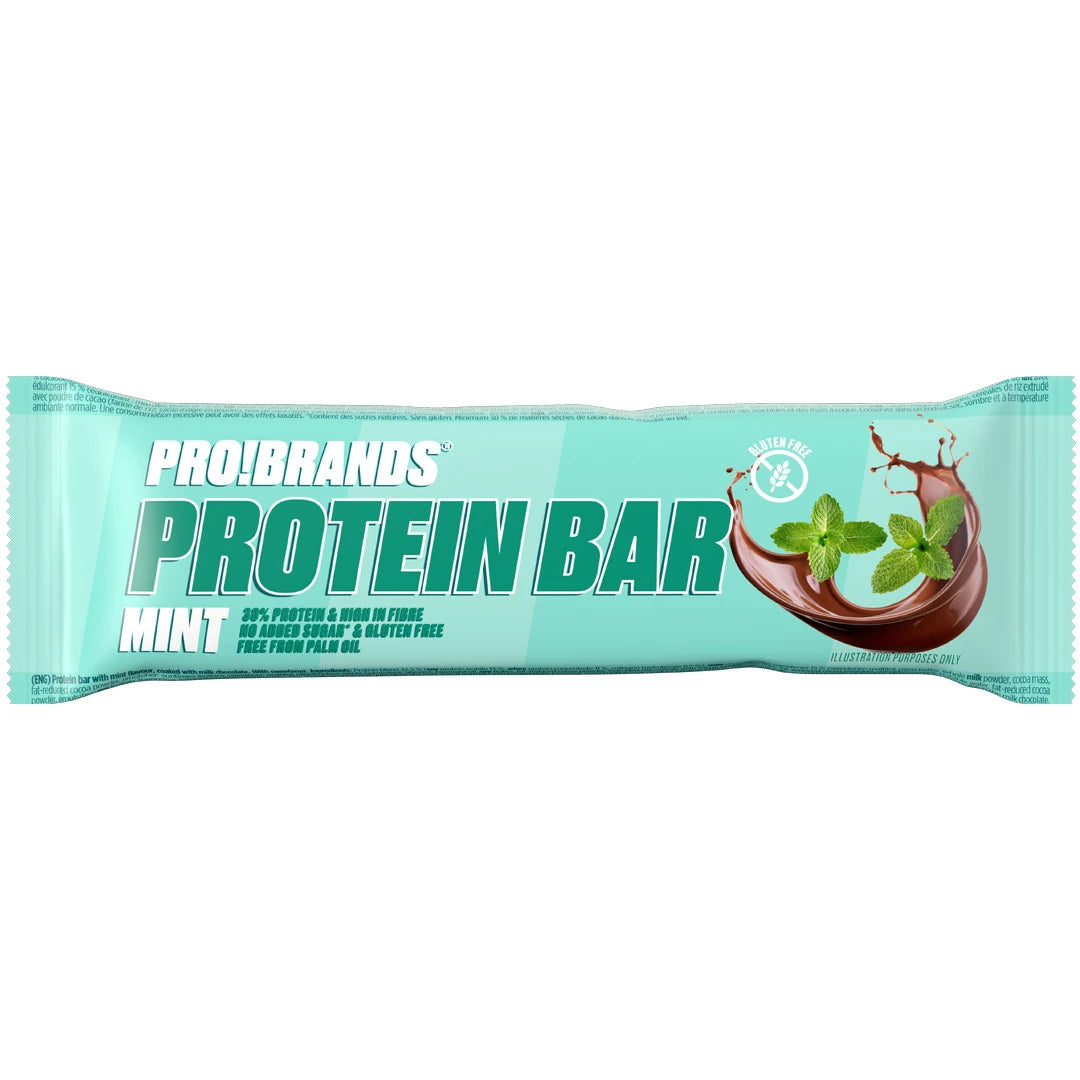 Pro Brands Proteinbar 45 g i en ljusblå förpackning med choklad och myntablad för smaken Mint., bild 5 av 5