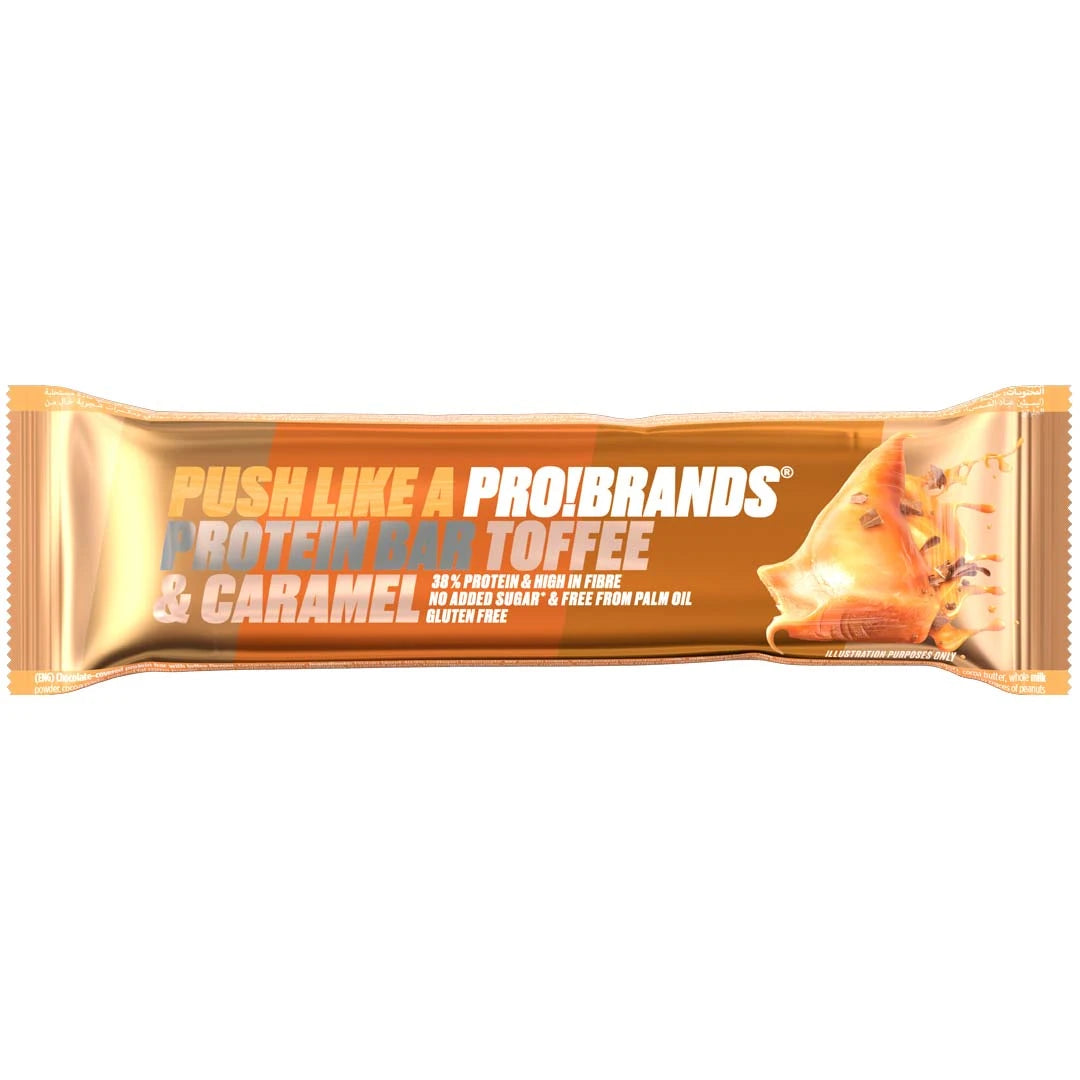 Pro Brands Proteinbar 45 g i guld- och orangefärgat omslag med smaken Toffee Caramel.