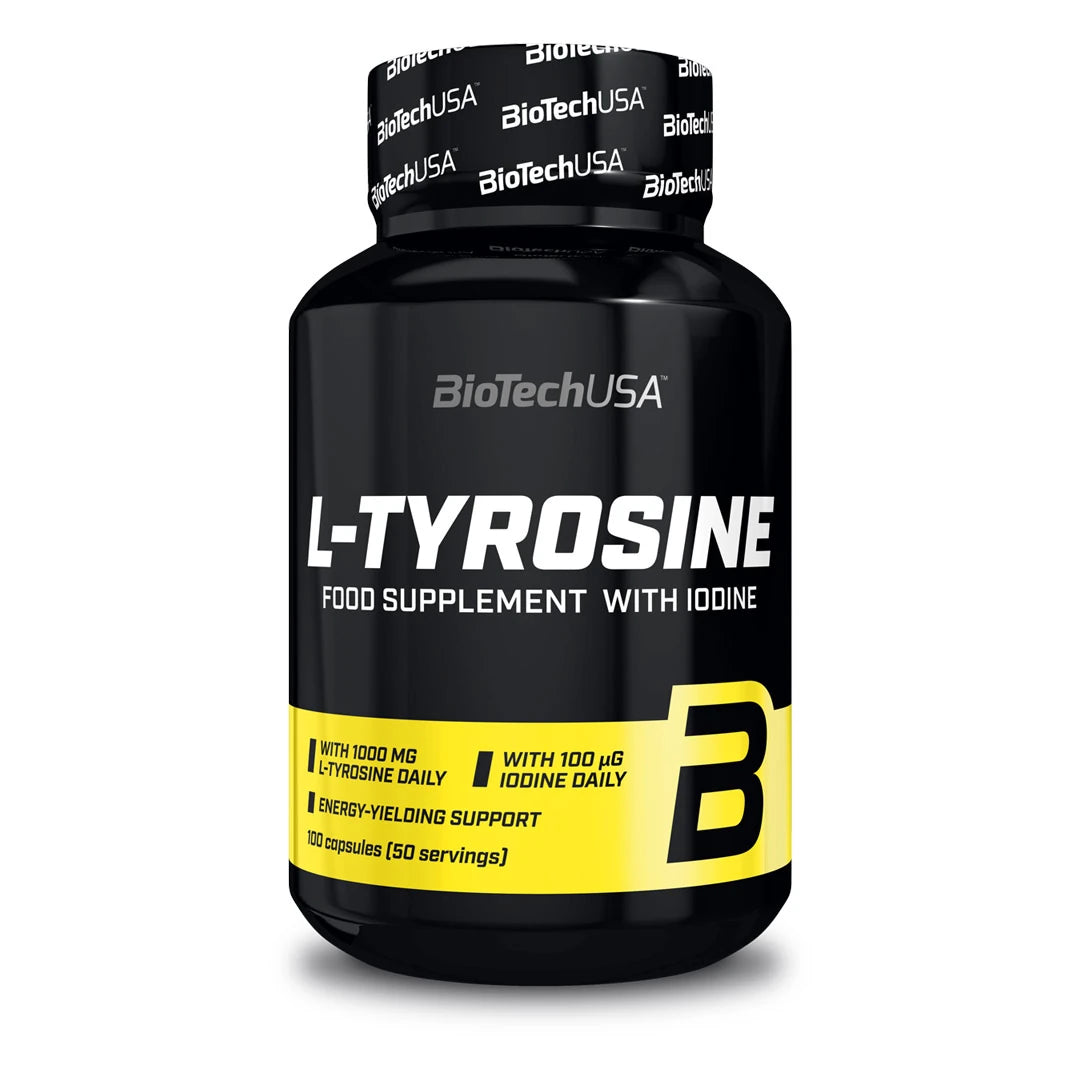 BioTechUSA L-tyrosine 100 caps kosttillskott i en svart burk med gula och vita textdetaljer.