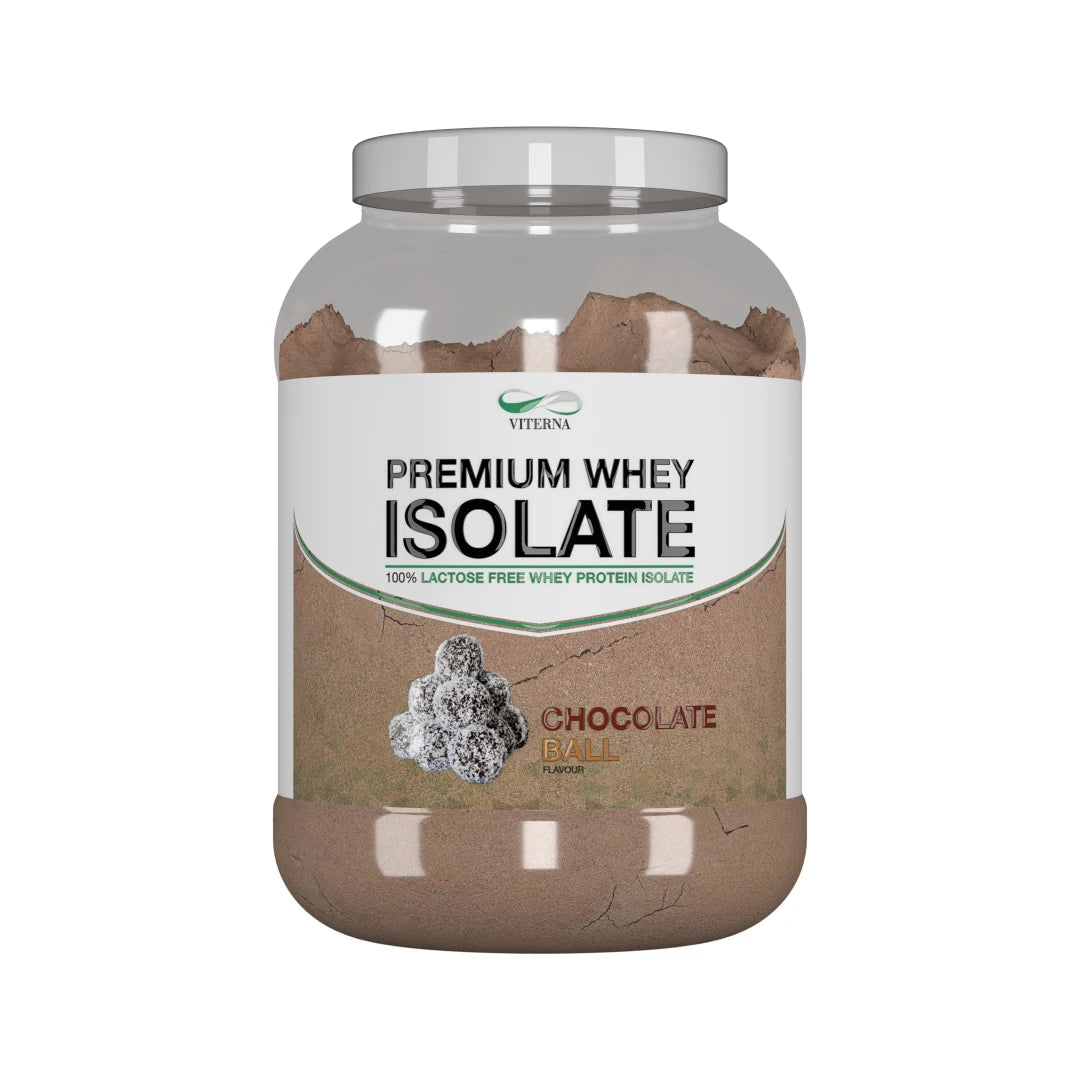 Viterna 100% Premium Whey Isolate 900 g proteinpulver i en genomskinlig burk med vitt lock för smaken Chocolate Ball., bild 4 av 4