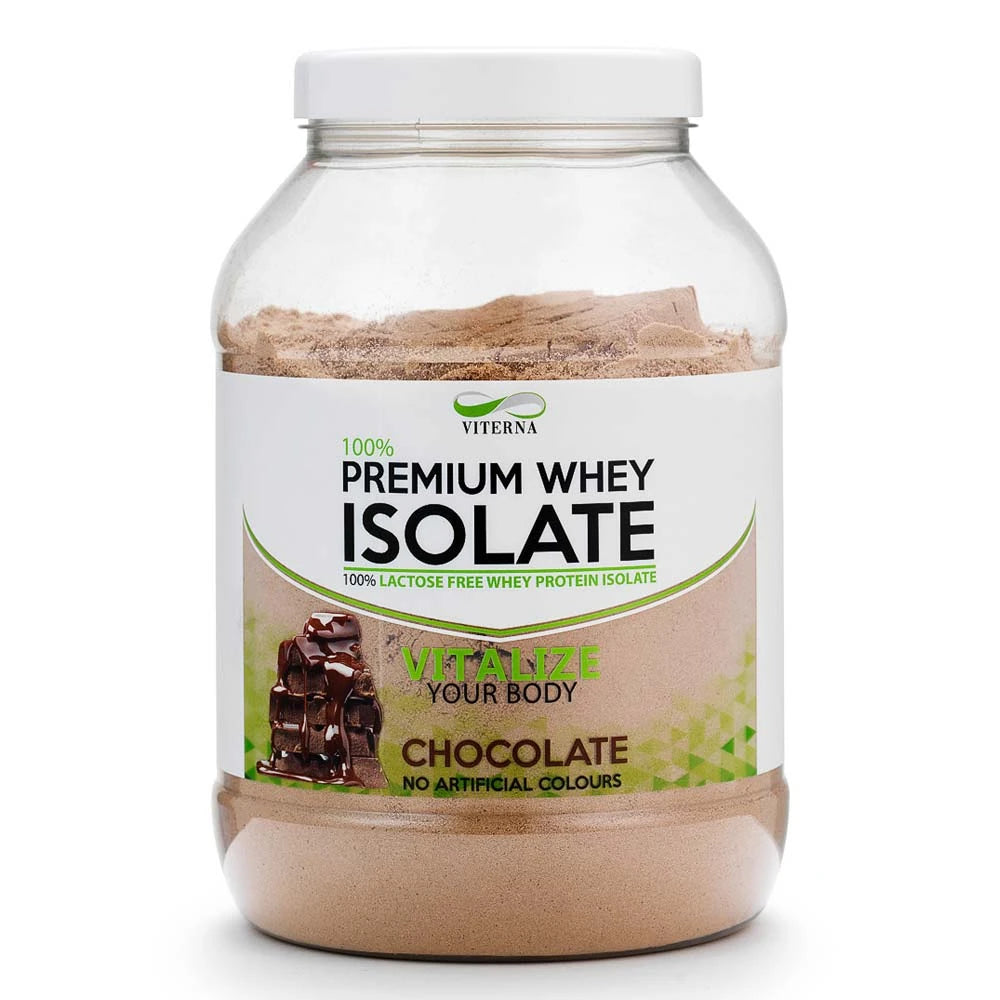 Viterna 100% Premium Whey Isolate 900 g proteinpulver i en genomskinlig burk för smaken choklad.