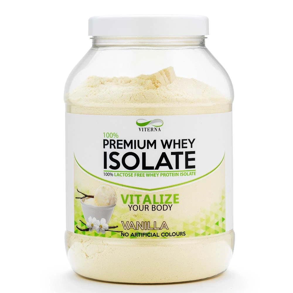 Viterna 100% Premium Whey Isolate 900 g i en transparent plastburk med vit etikett och gröna detaljer för smaken Vanilla.
