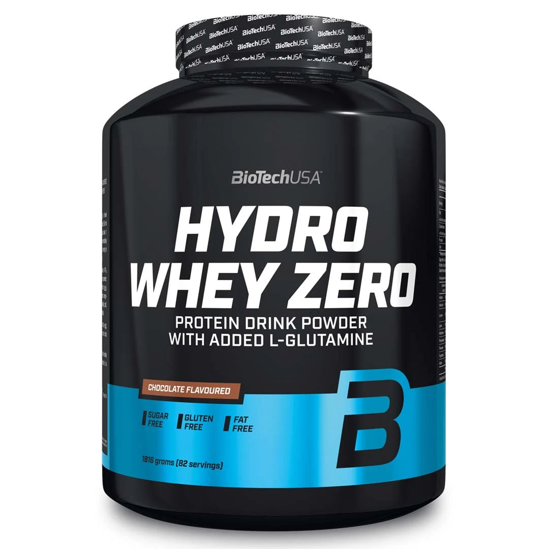 BioTechUSA Hydro Whey Zero 1.8 kg proteinpulver i en svart burk med ljusblå detaljer för smaken Chocolate.