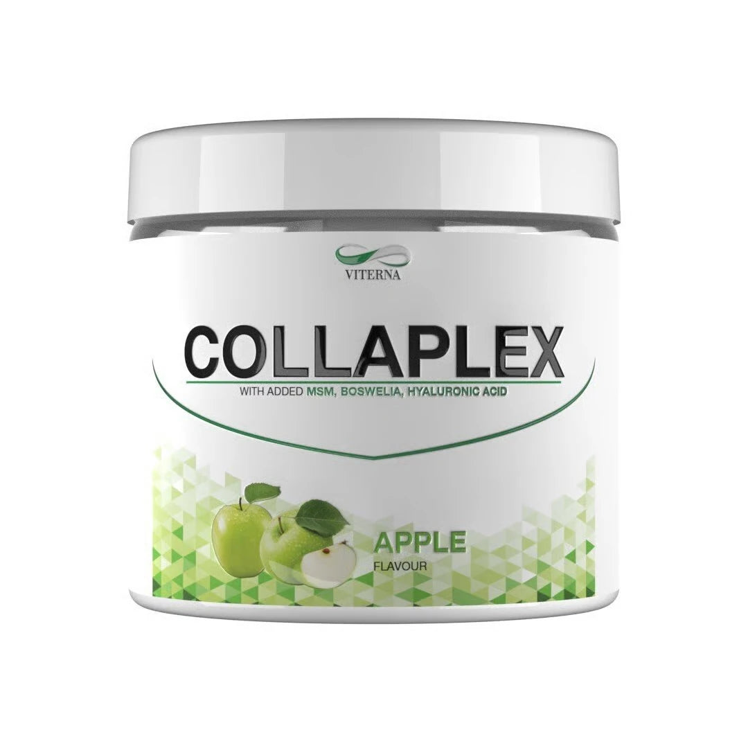 Viterna Collaplex Powder 400 g kollagenpulver i en vit burk med gröna detaljer och motiv av äpplen.