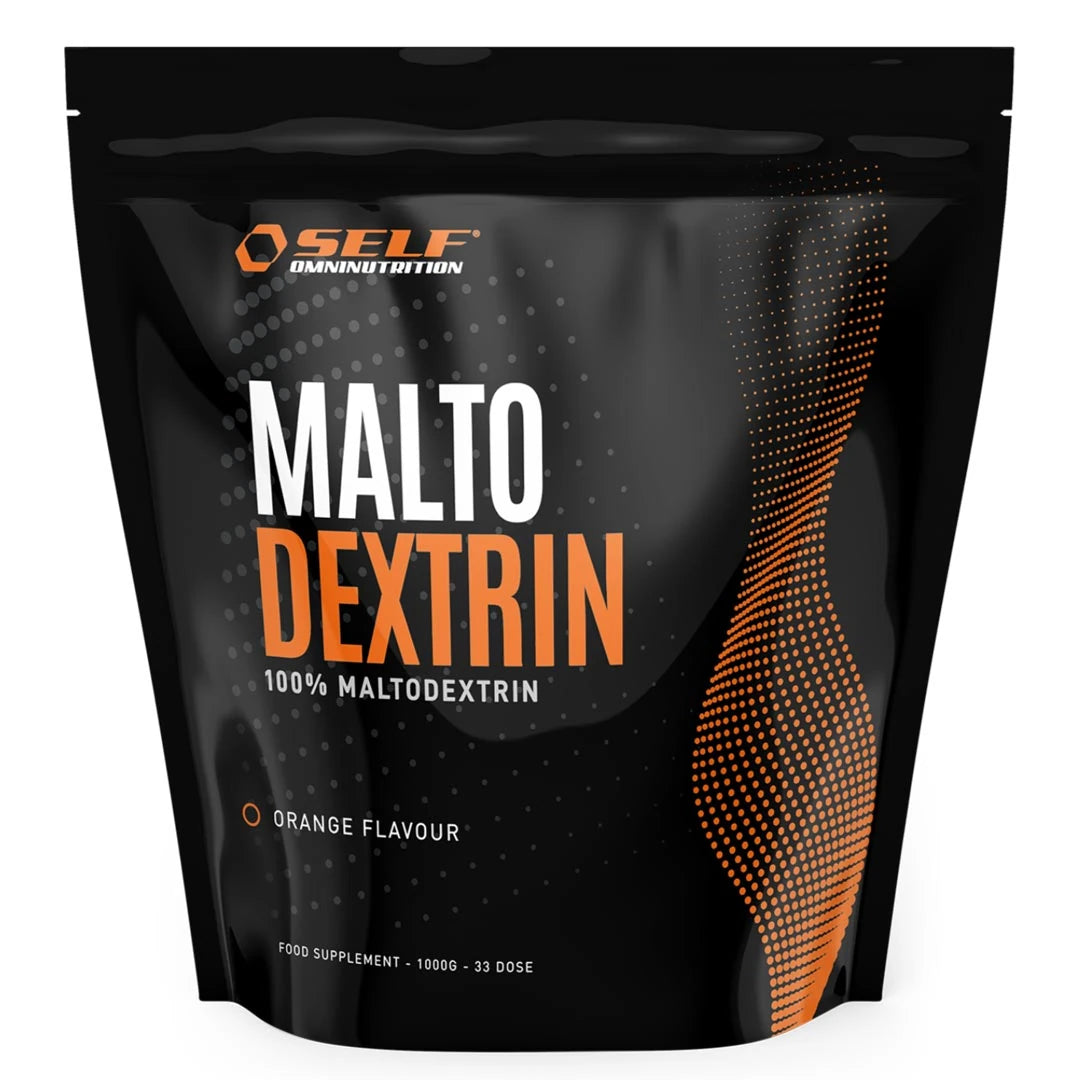 Self Omninutrition Maltodextrin 1 kg kolhydratspulver i en svart påse med orangea detaljer.