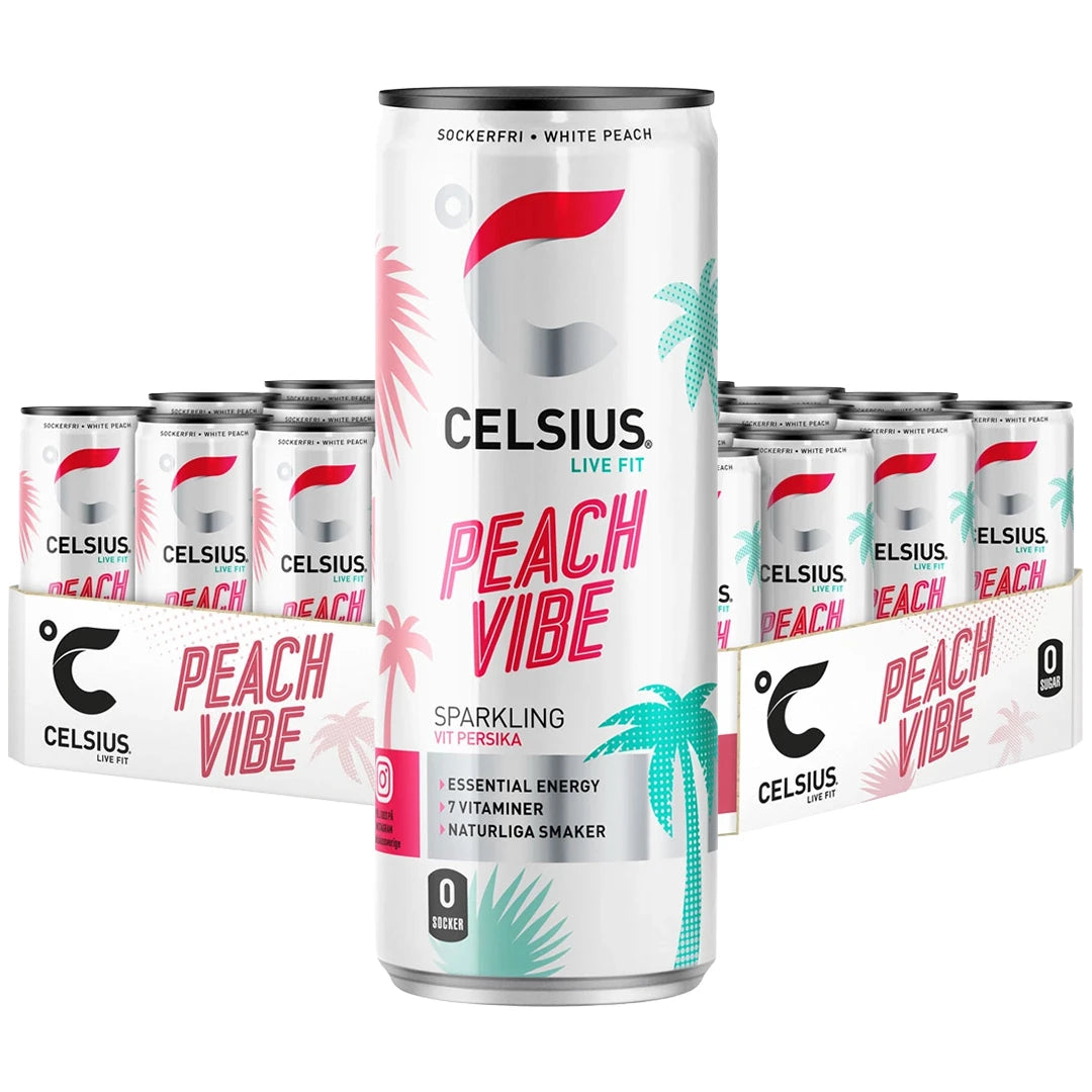 24 x Celsius 355 ml Peach Vibe energidryck i vita burkar med rosa och turkosa palmer på ett matchande flak.