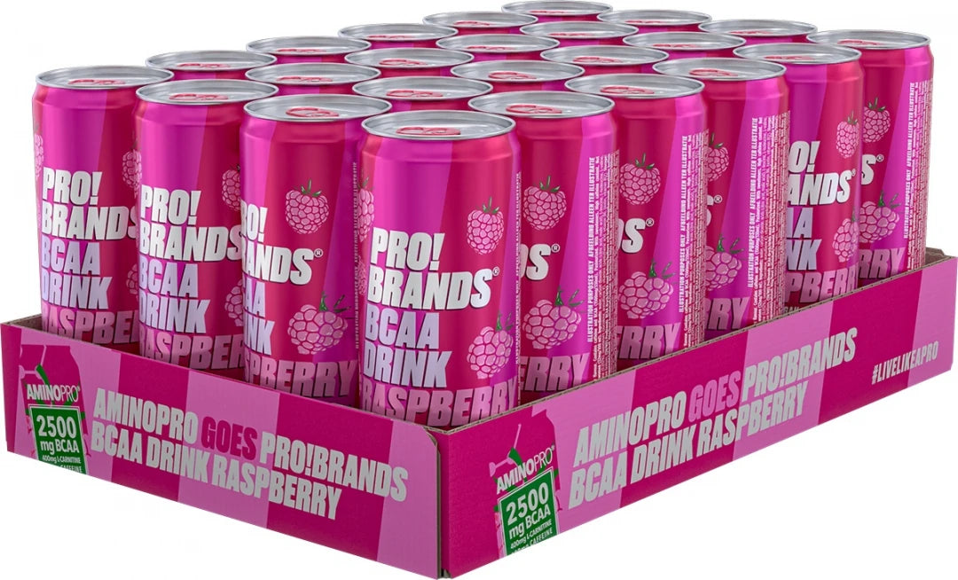 24 x Pro Brands BCAA Drink 330 ml Raspberry i ett lilarosa flak med matchande burkar för en uppfriskande hallonsmak.