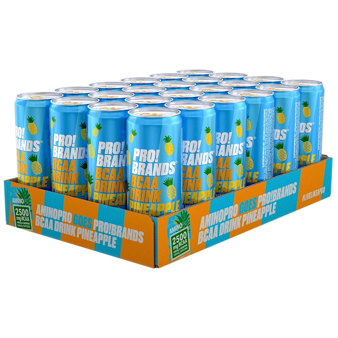 24 x Pro Brands BCAA Drink 330 ml Pineapple i ett orange och turkost flak med ljusblå burkar med ananasmotiv.