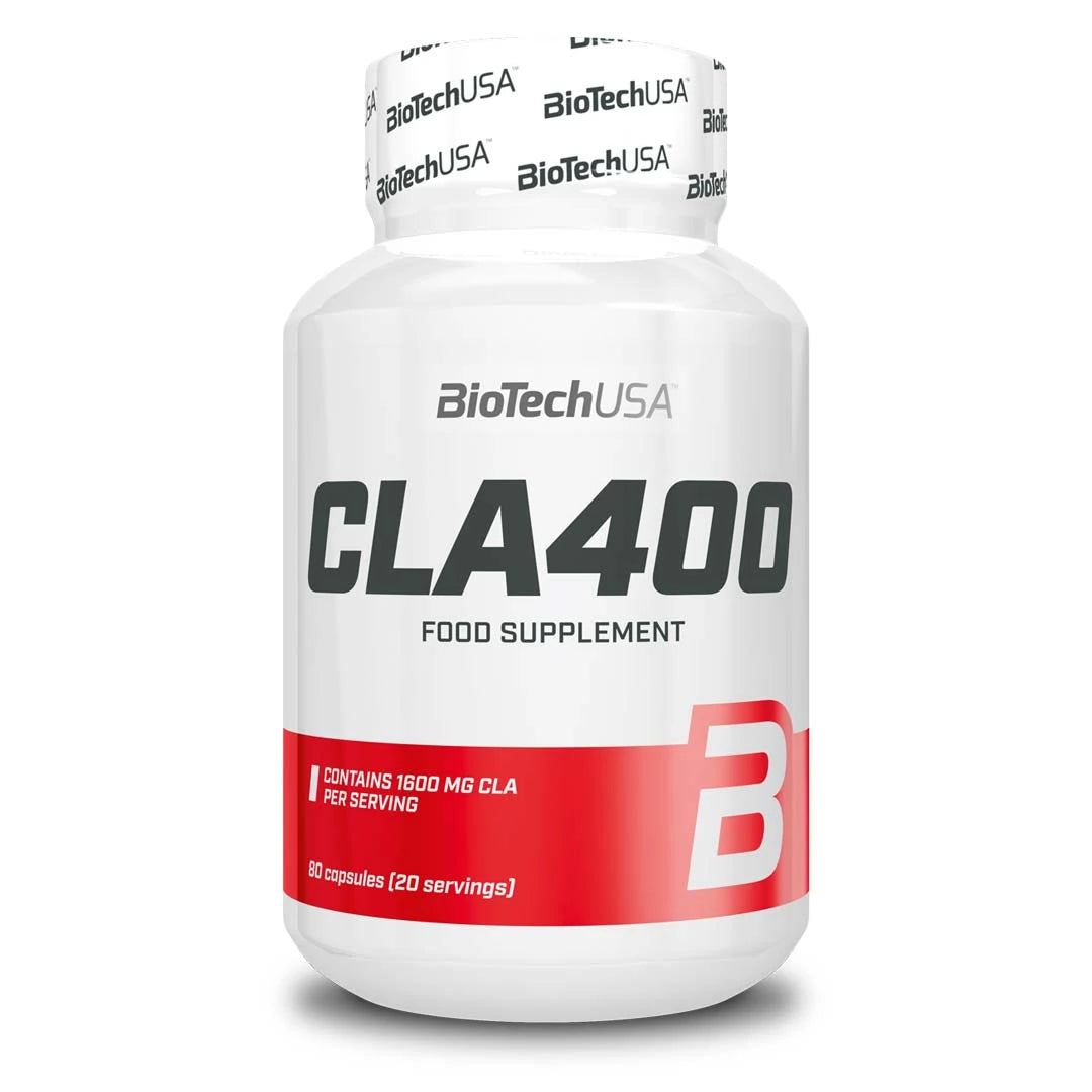 BioTechUSA CLA 400 80 caps kosttillskott i en vit burk med röd detalj och svart text.