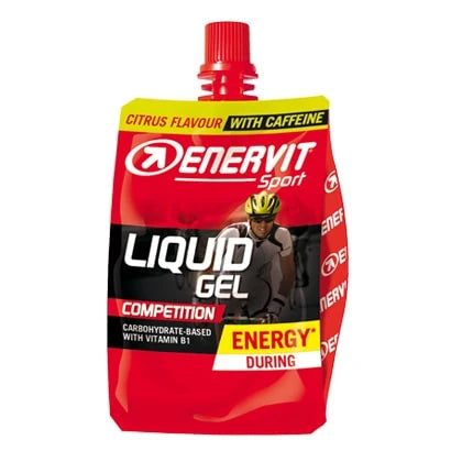 Enervit Liquid Gel Competition 60 ml energigel i en röd förpackning med gula detaljer och citrussmak.