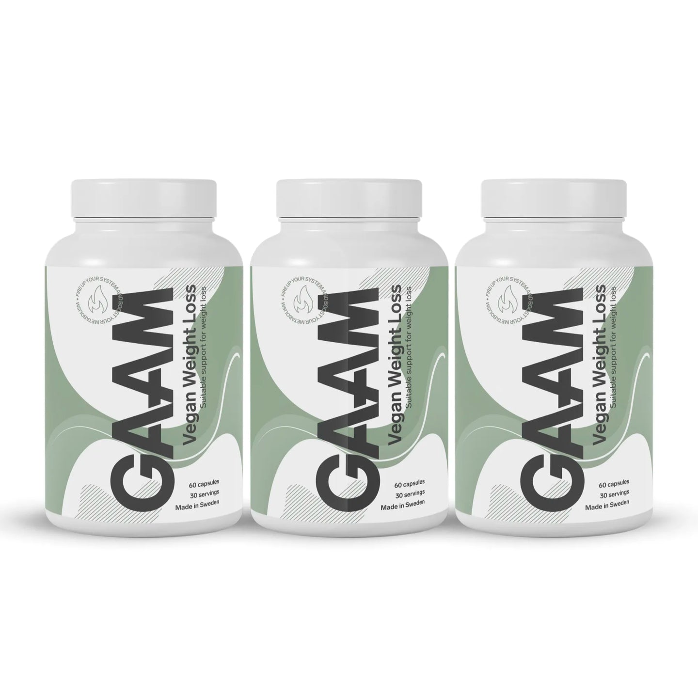 3 x GAAM Vegan Weight loss 60 caps i vita burkar med grönvita etiketter med svart text.