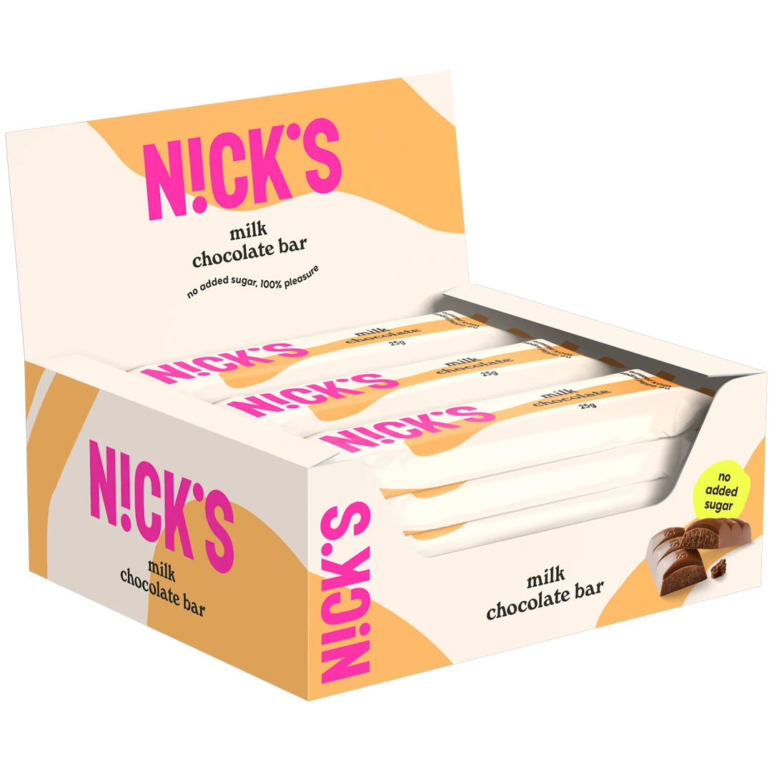 24 x Nicks Milk Chocolate 25 g i en beige och orange displaylåda med rosa logotyp fylld med chokladbars., bild 1 av 1