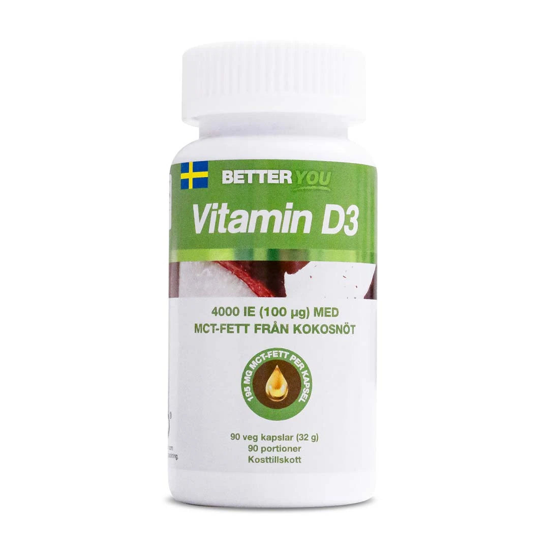 Vit burk med gröna detaljer som innehåller Better You Vitamin D3 4000 IE + MCT 90 caps kosttillskott.