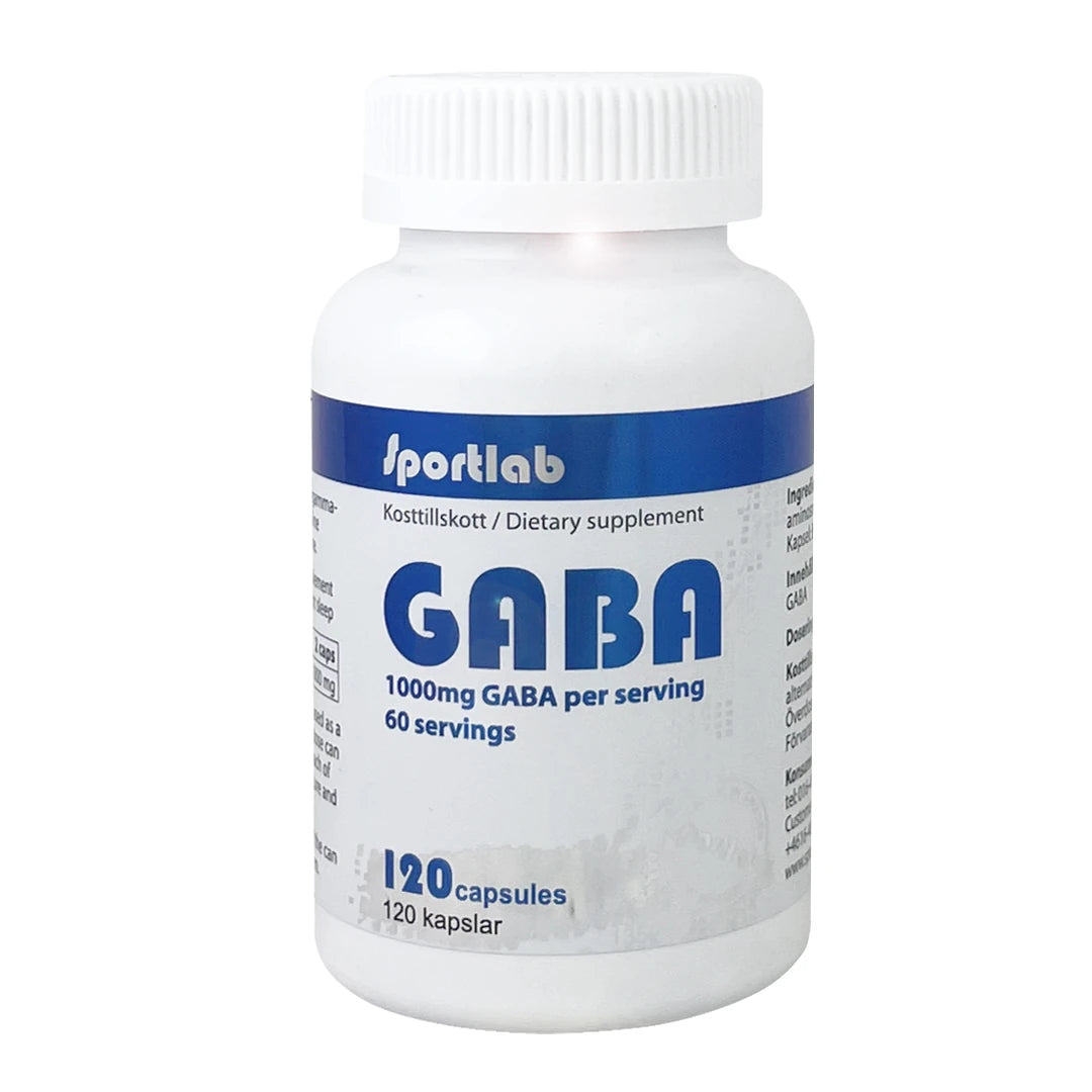 Sportlab GABA 120 caps kosttillskott i en vit burk med blå detaljer, innehållande 1000 mg per portion.