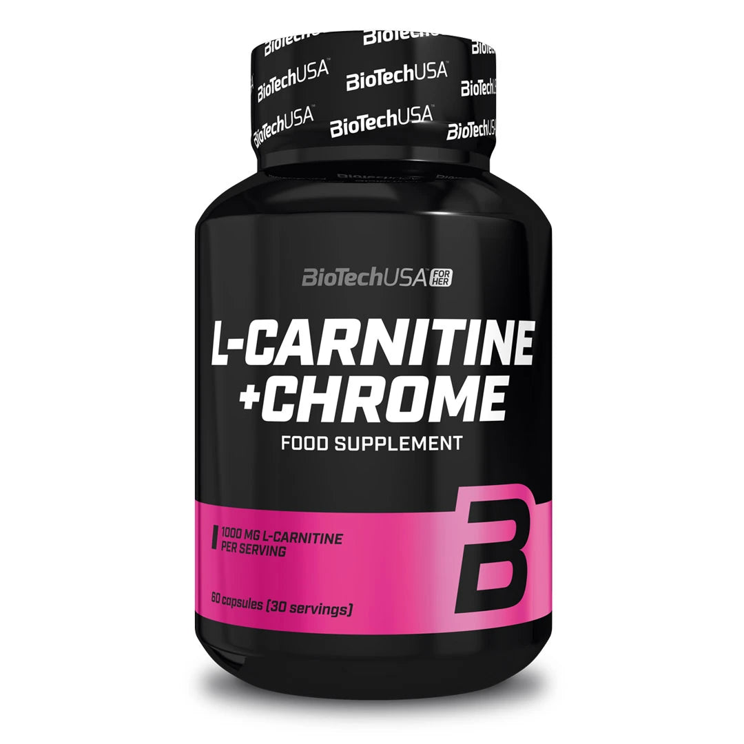 BioTechUSA L-carnitine + Chrome 60 caps fettförbrännare i en svart burk med rosa detaljer.