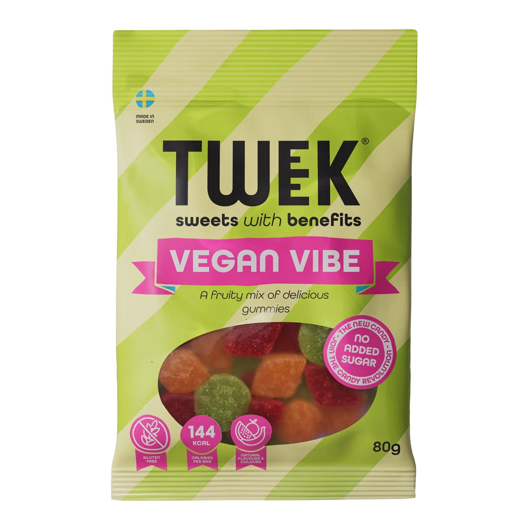 Tweek Sweets 80 g Vegan Vibe gelégodis i en ljusgrön påse med fönster som visar de färgglada bitarna.