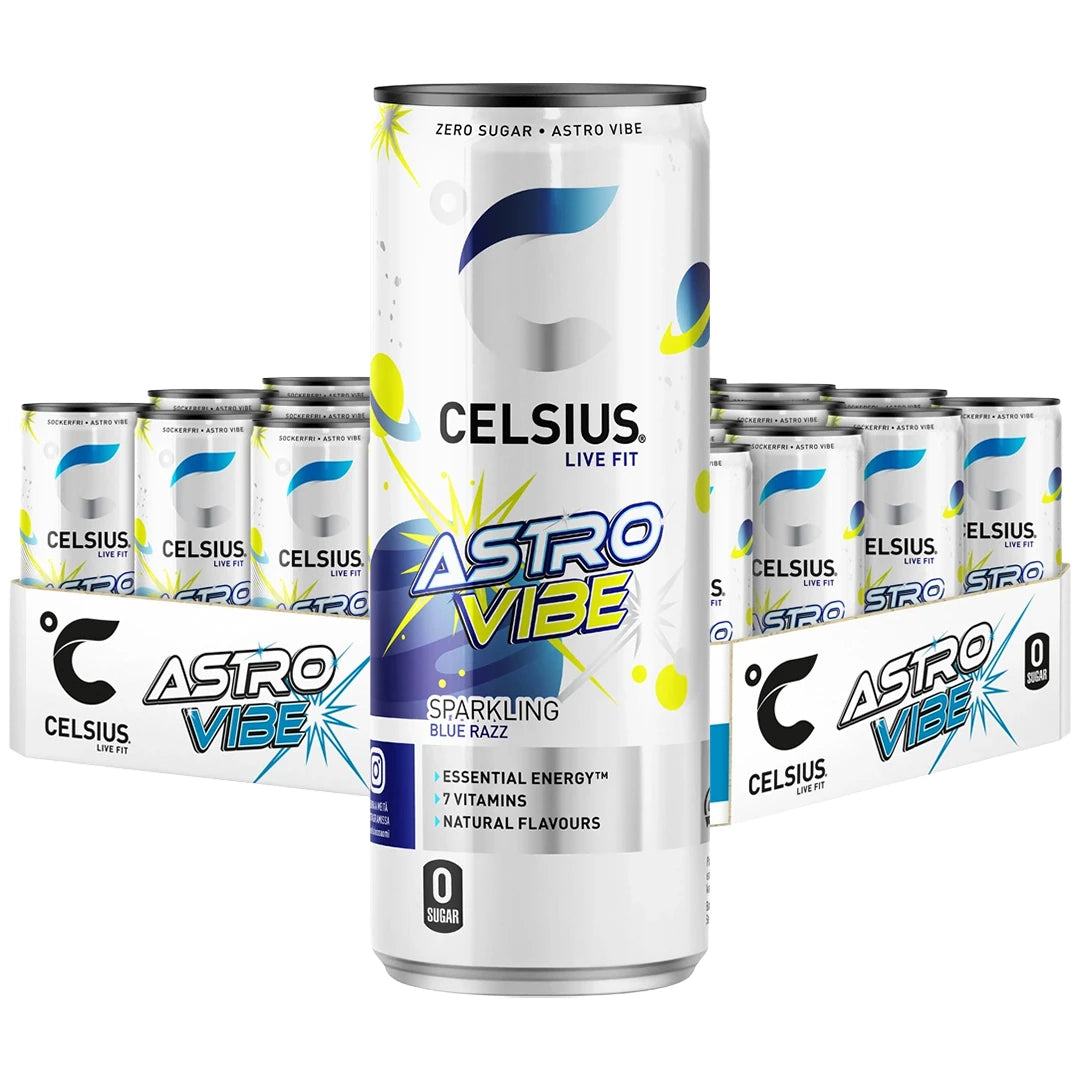 24 x Celsius 355 ml Astro Vibe i ett flak med vita energidrycksburkar med blå och gula rymdinspirerade detaljer.