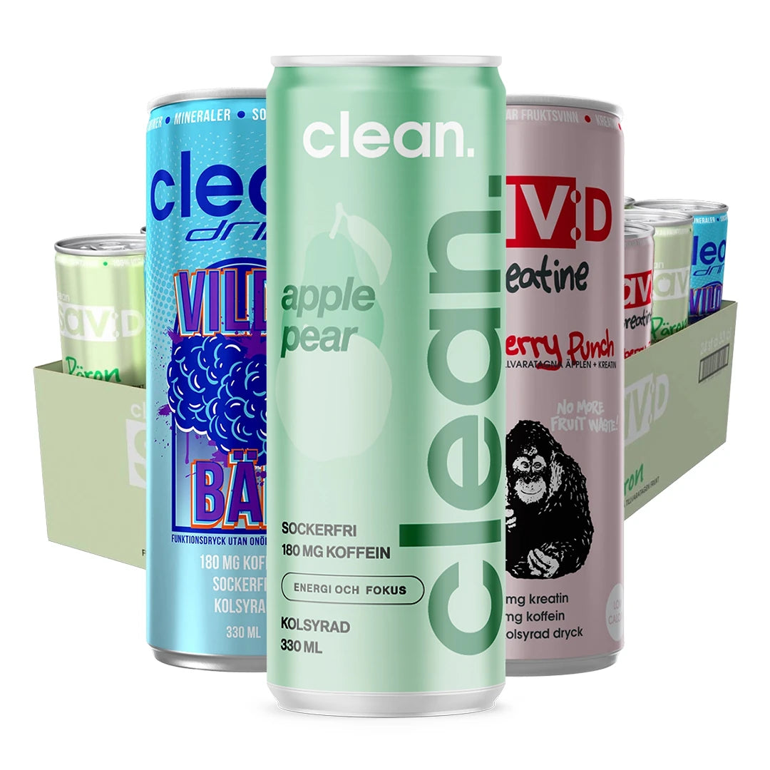 24 x Clean Drink & Clean Sav:D/PLUS 330 ml Mixflak med olikfärgade burkar som apple pear och Vild Bär.