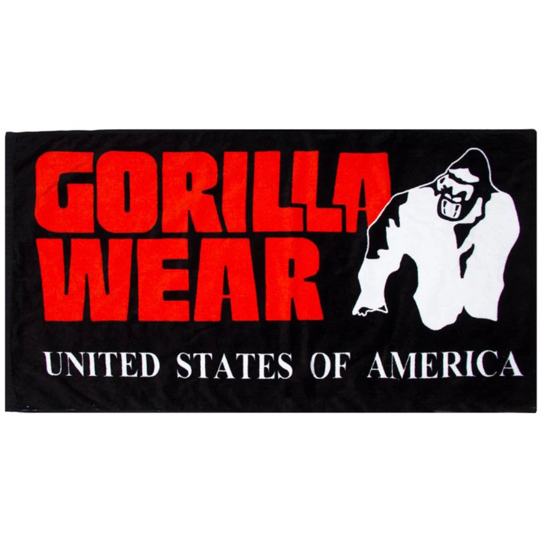 Gorilla Wear Classic Gym Towel Black & Red, en svart träningshandduk med stort rött och vitt tryck.