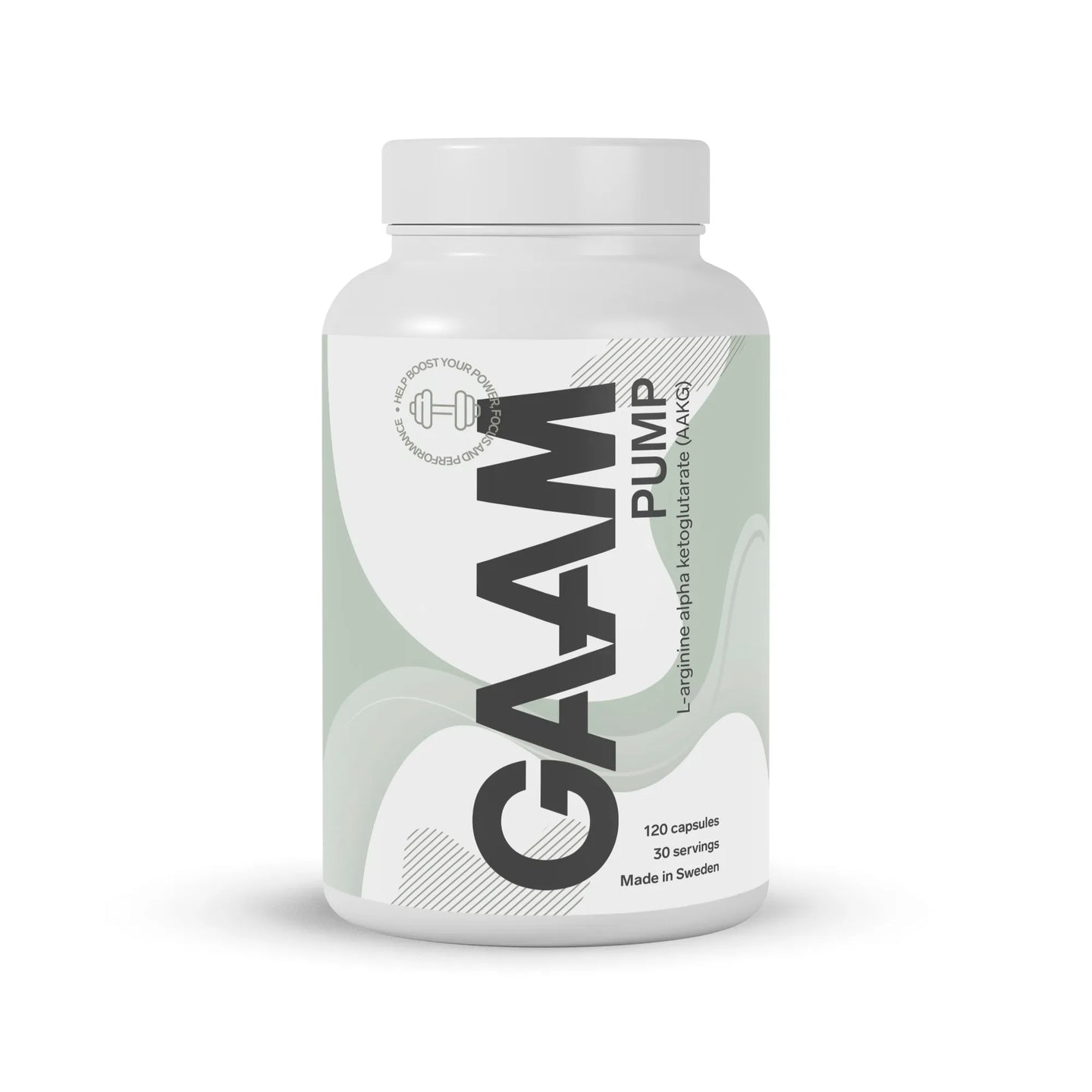 GAAM PUMP 120 caps, koffeinfritt kosttillskott med AAKG i en vit burk med grågröna detaljer.