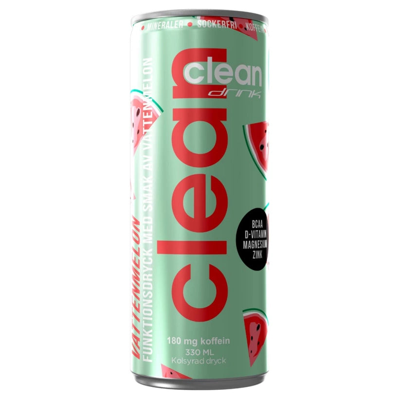 Clean Drink 330 ml energidryck i en ljusgrön burk med vattenmelonmotiv.