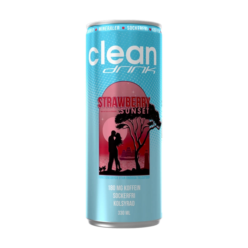 Clean Drink 330 ml energidryck i en ljusblå burk med ett rosa och svart motiv för smaken Strawberry Sunset.